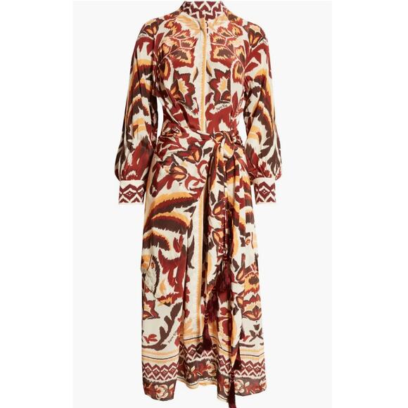 B49 Farm Rio Toucans Scarf Maxi Dress Womens Small Long Sleeve Boho Earthy Chic - Picture 3 of 14